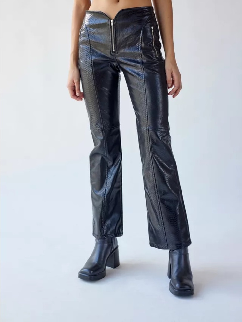 Urban Outfitters Black Snake Printed Faux Leather Flare Low Rise Moto Pants